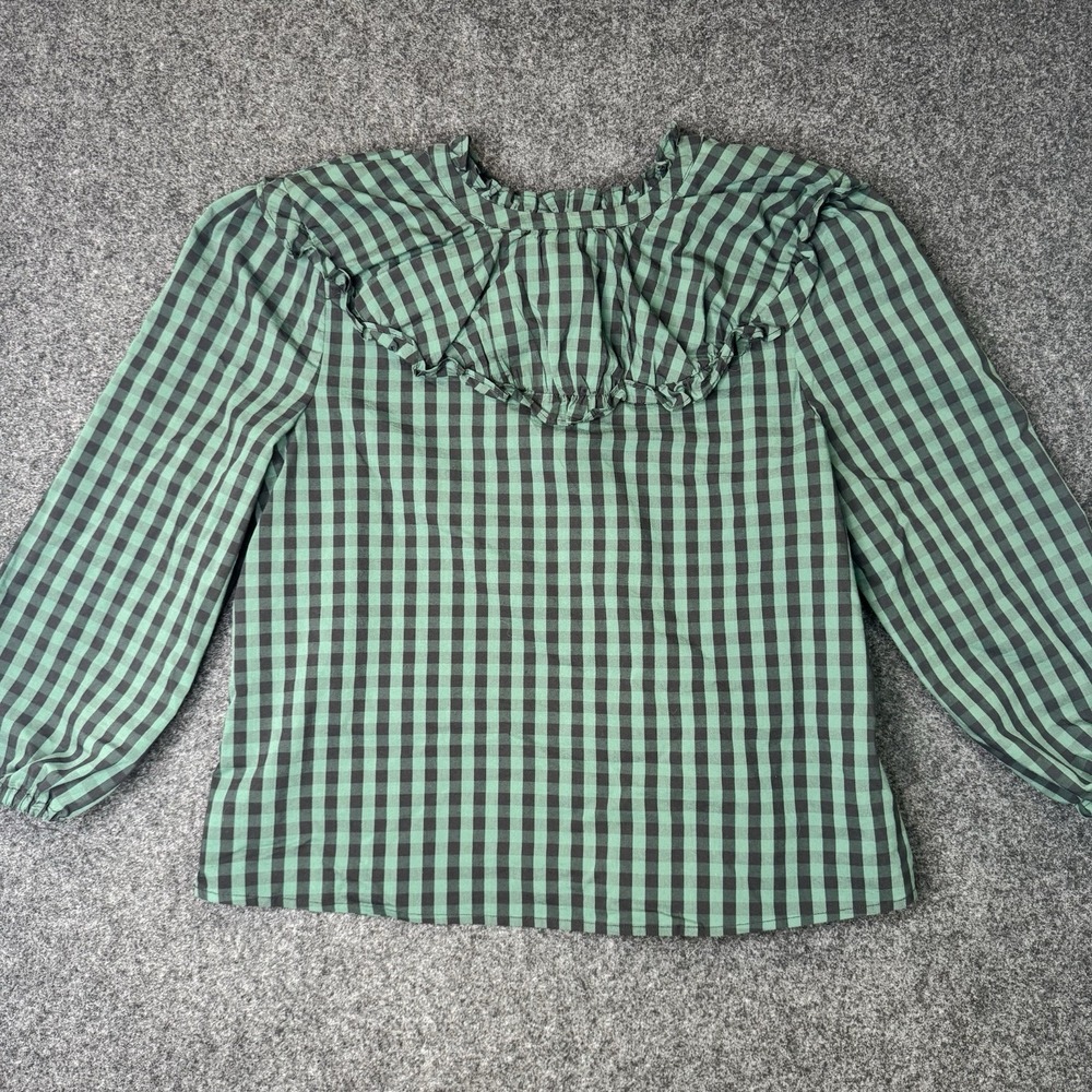 Draper James RSVP Women M Green Gingham Ruffle Blouse Long Sleeve Cottagecore
